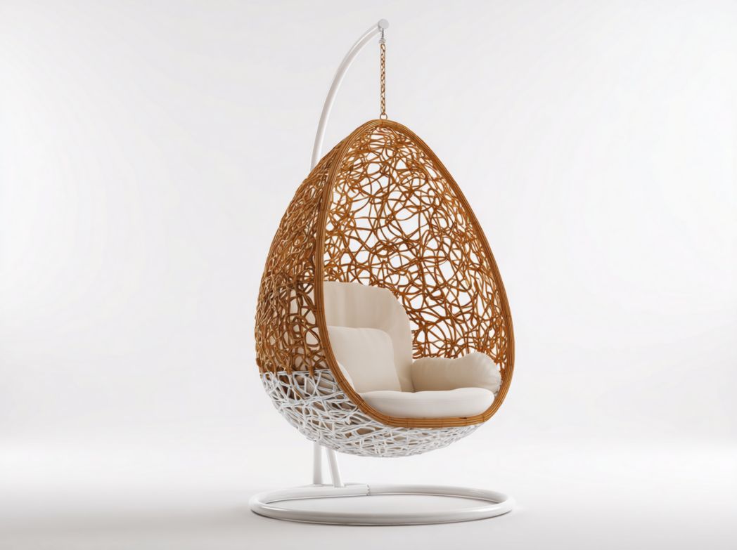 Fauteuil suspendu en tressage bicolore brun et blanc avec coussin blanc, forme goutte d’eau