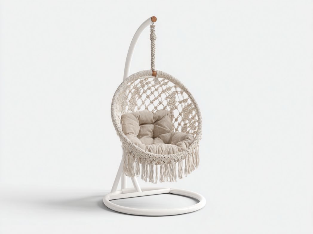 Fauteuil suspendu en métal blanc avec siège rond en corde beige, franges et coussin clair