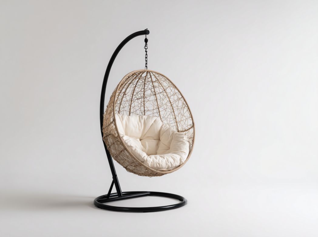 Fauteuil suspendu en métal noir et rotin naturel avec coussin écru