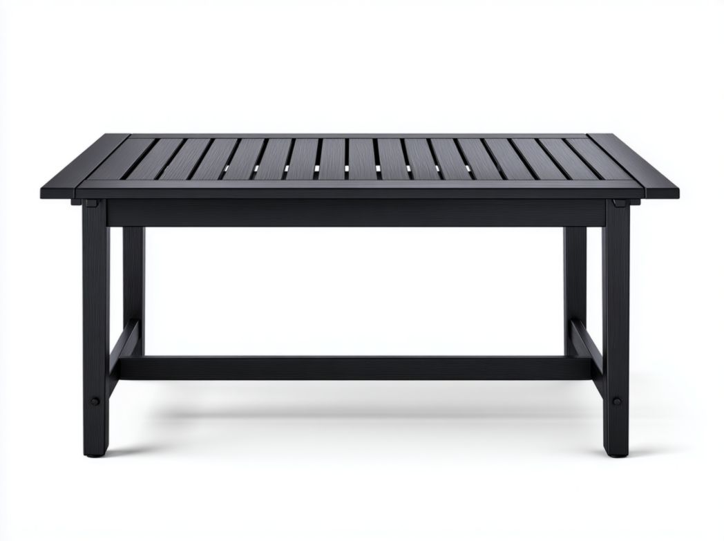 Table basse de jardin rectangulaire en métal noir avec plateau à lattes