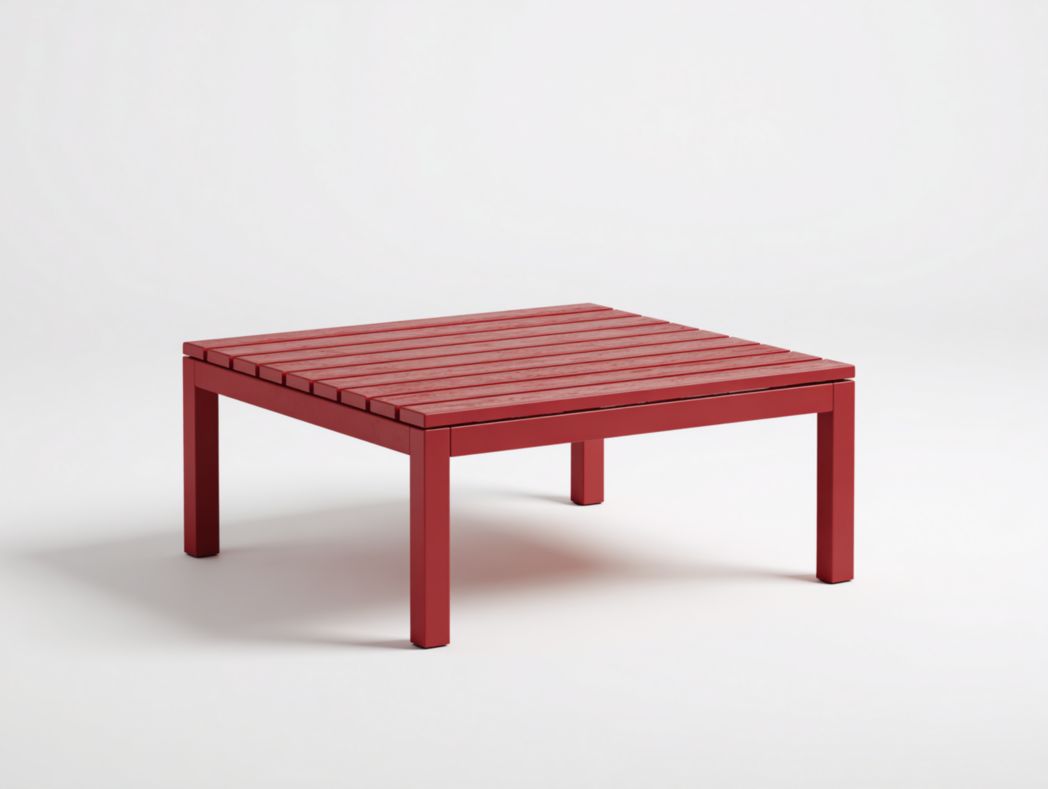 Table basse de jardin carrée en métal rouge avec plateau à lattes