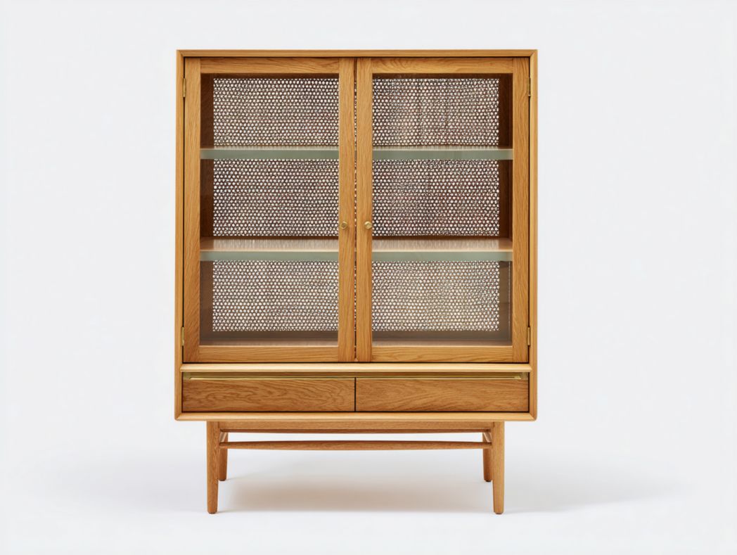 Vitrine en bois avec portes ajourées, deux tiroirs et trois niveaux