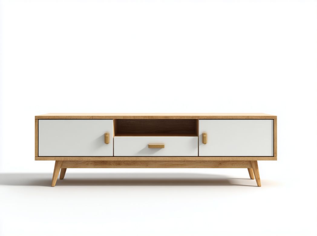 Meuble TV rectangulaire en bois avec portes blanches, un tiroir et un compartiment ouvert