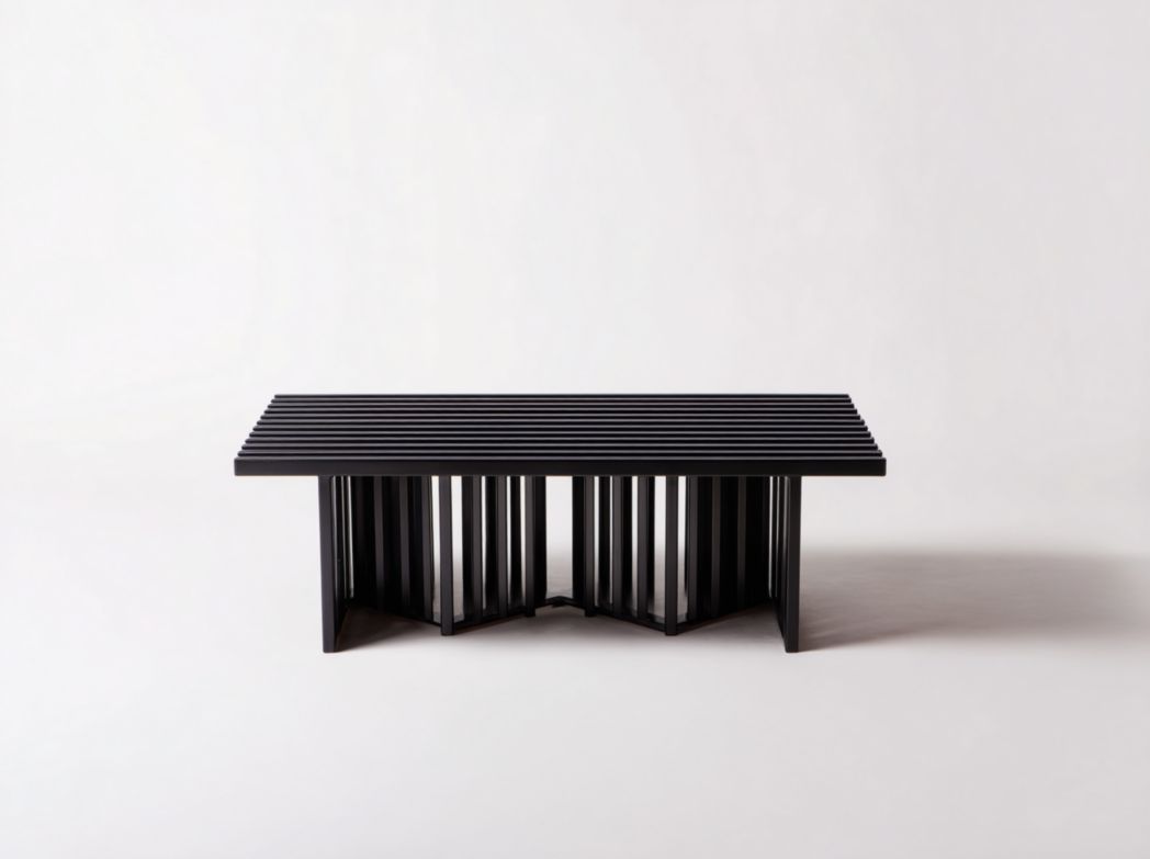 Table de jardin rectangulaire en métal noir avec plateau à lattes et base symétrique