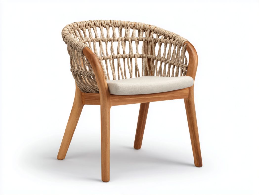 Fauteuil de jardin en bois avec dossier tressé｜coussin d’assise beige