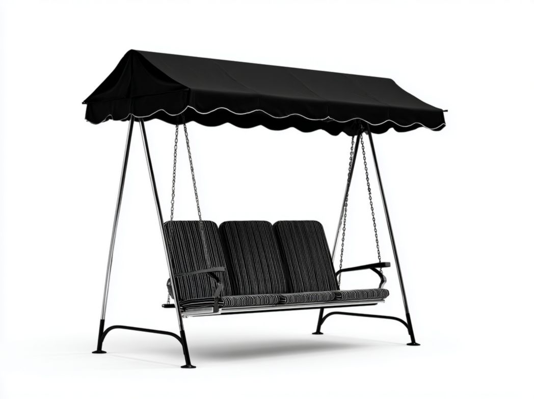 Balancelle 3 places en métal noir avec coussins rayés et toit