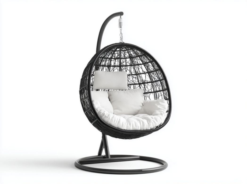 Fauteuil suspendu rond en rotin noir avec coussin blanc