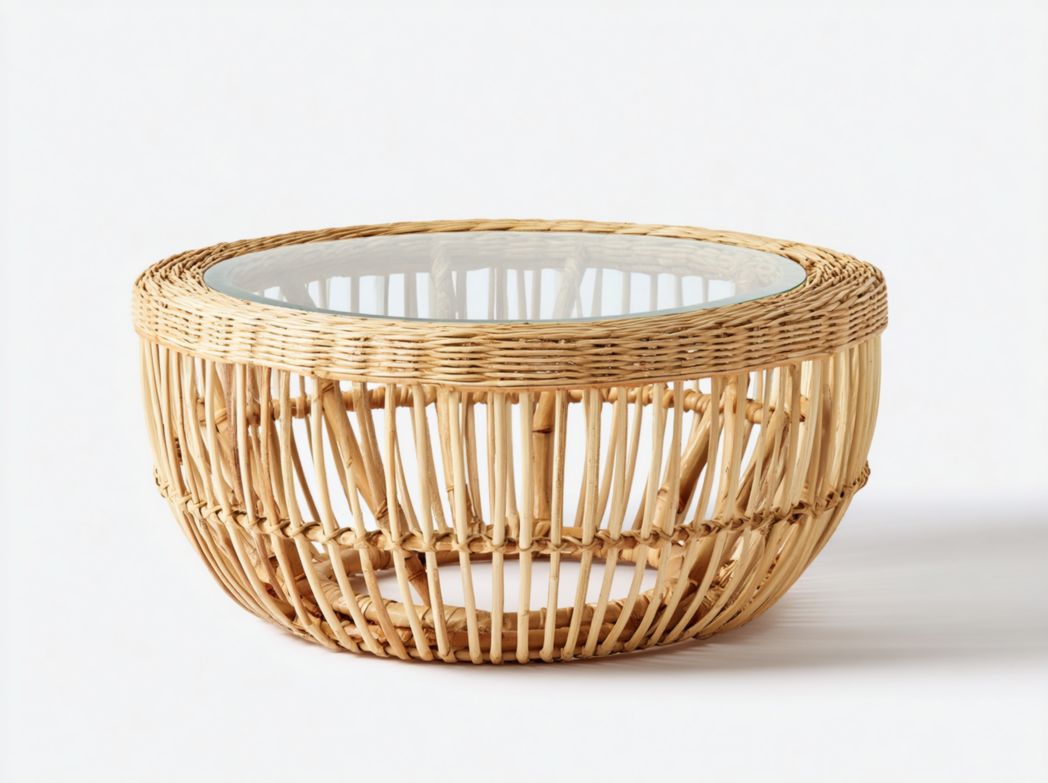 Table basse de jardin ronde en rotin naturel avec plateau en verre