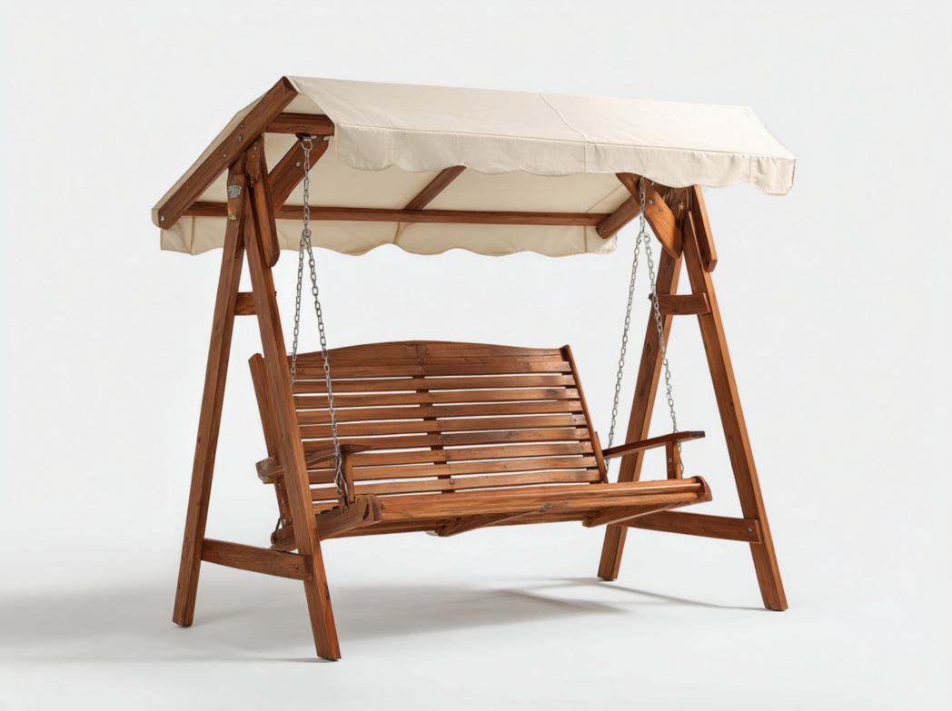 Balancelle en bois 2 places avec chaînes et toit en tissu beige