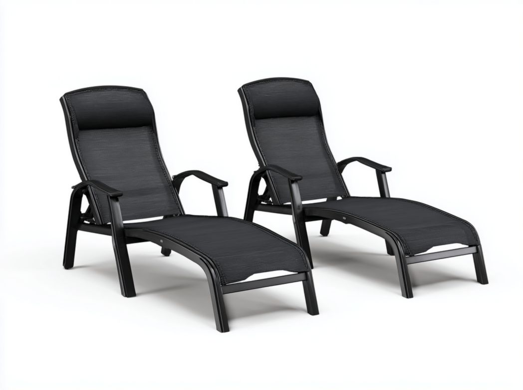 Chaise longue en maille noire en deux parties avec cadre en métal et appui-tête