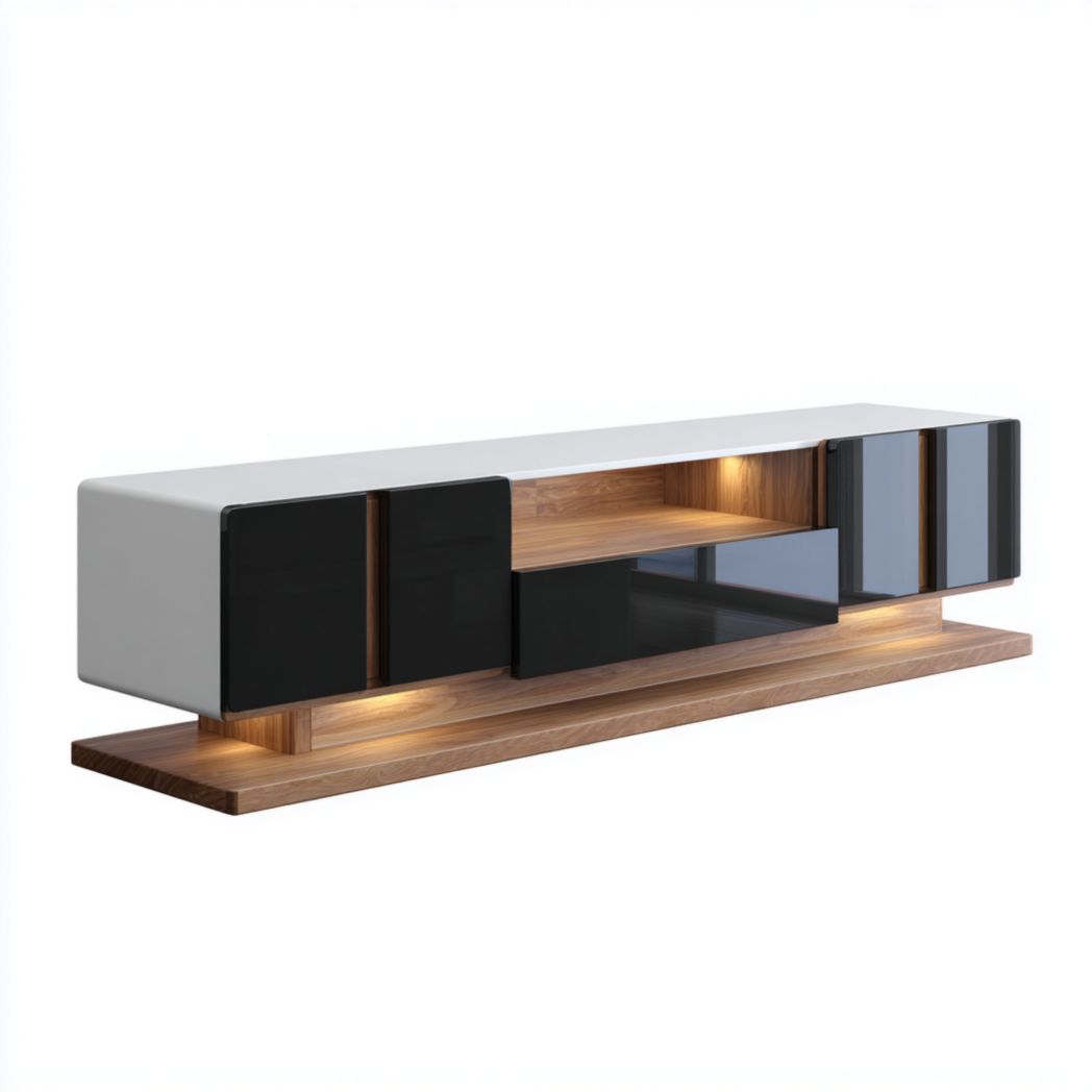 Meuble TV blanc et bois avec portes noires et plusieurs compartiments