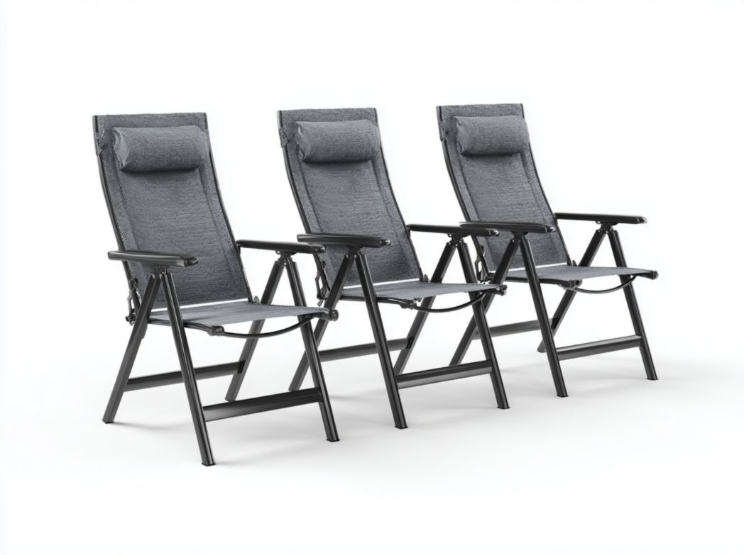 Lot de 3 chaises de jardin pliantes en métal et tissu gris, haut dossier avec accoudoirs et appui-tête