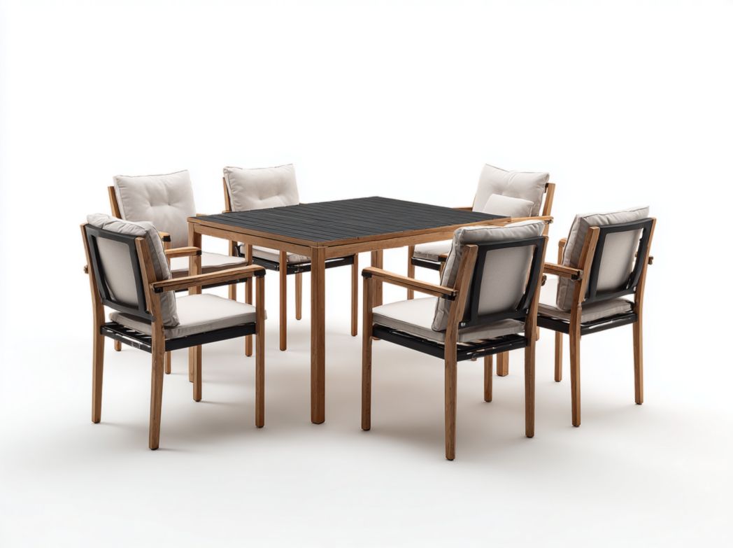 Ensemble de jardin avec table carrée noire et six chaises en bois avec coussins beiges