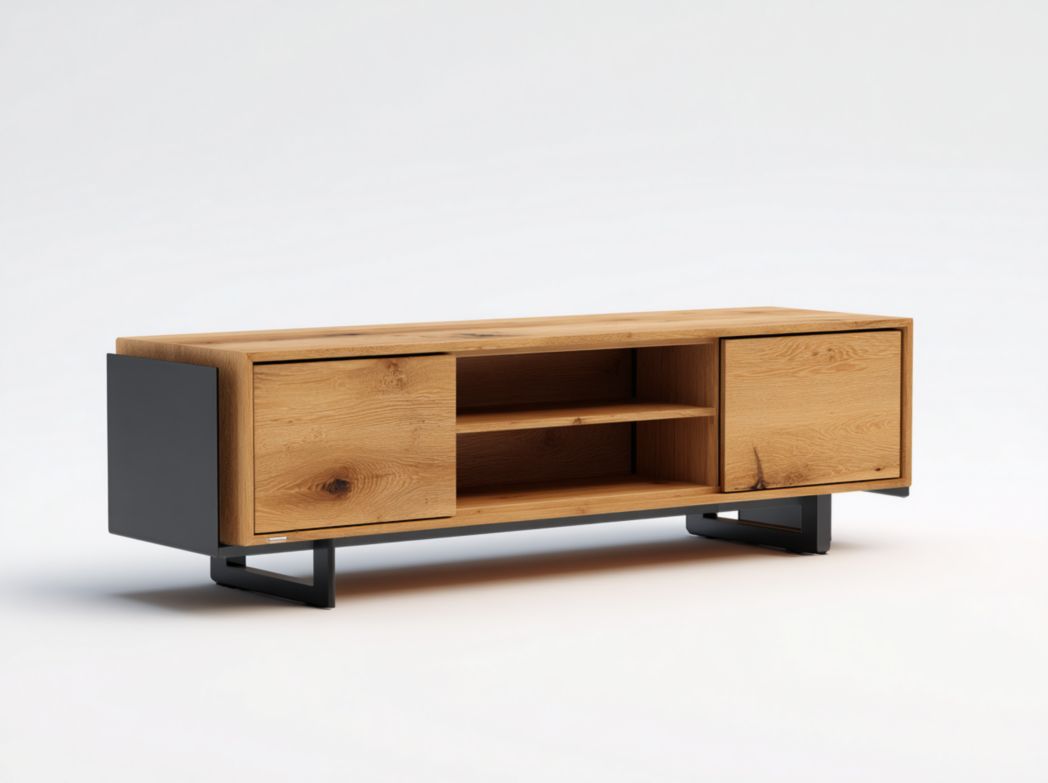 Meuble TV en bois et métal noir avec deux portes et compartiment ouvert