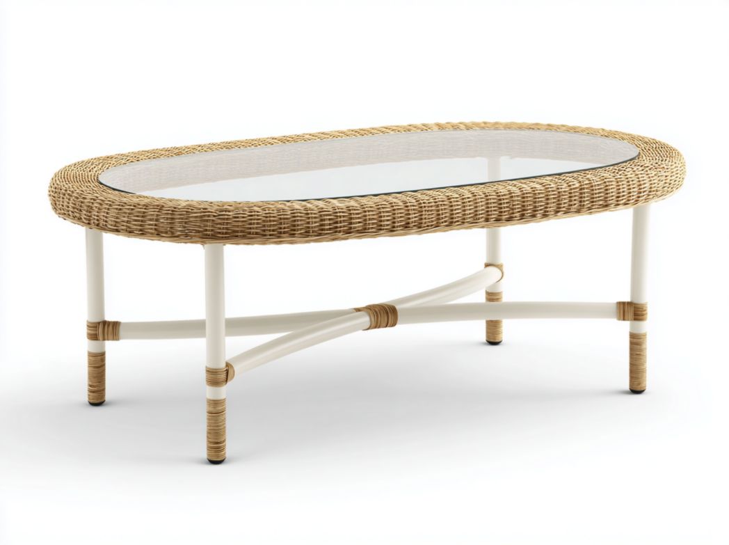 Table basse de jardin ovale en rotin avec plateau en verre et structure blanche