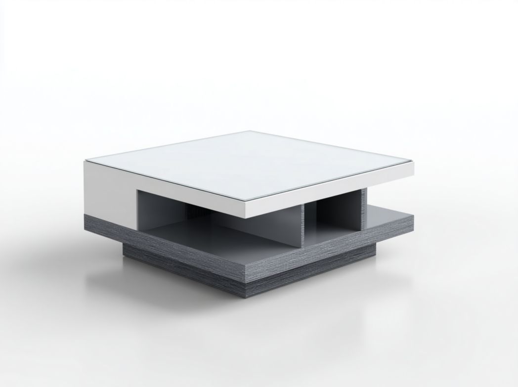 Table basse carrée en bois et verre, design structure bicolore