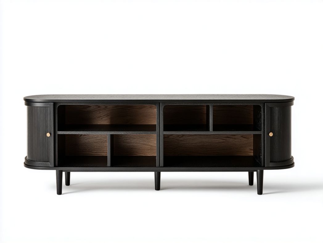 Meuble TV en bois noir avec deux portes et plusieurs compartiments ouverts