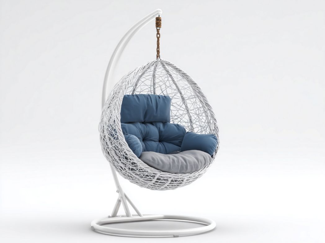 Fauteuil suspendu en métal blanc avec siège en rotin et coussins bleus et gris