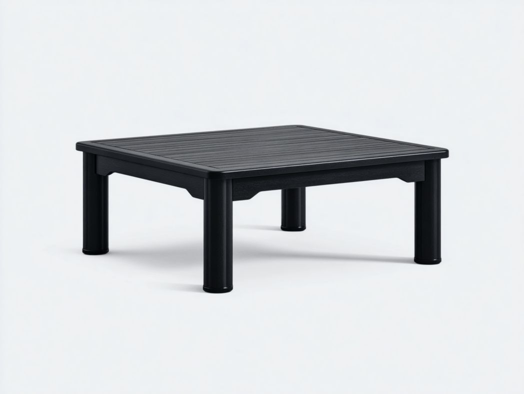 Table basse de jardin carrée en métal noir avec pieds cylindriques