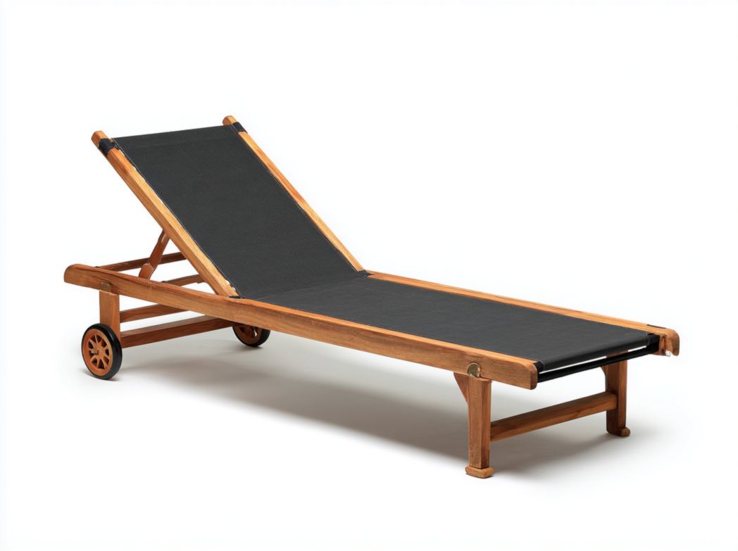 Chaise longue en bois clair avec toile noire et roulettes