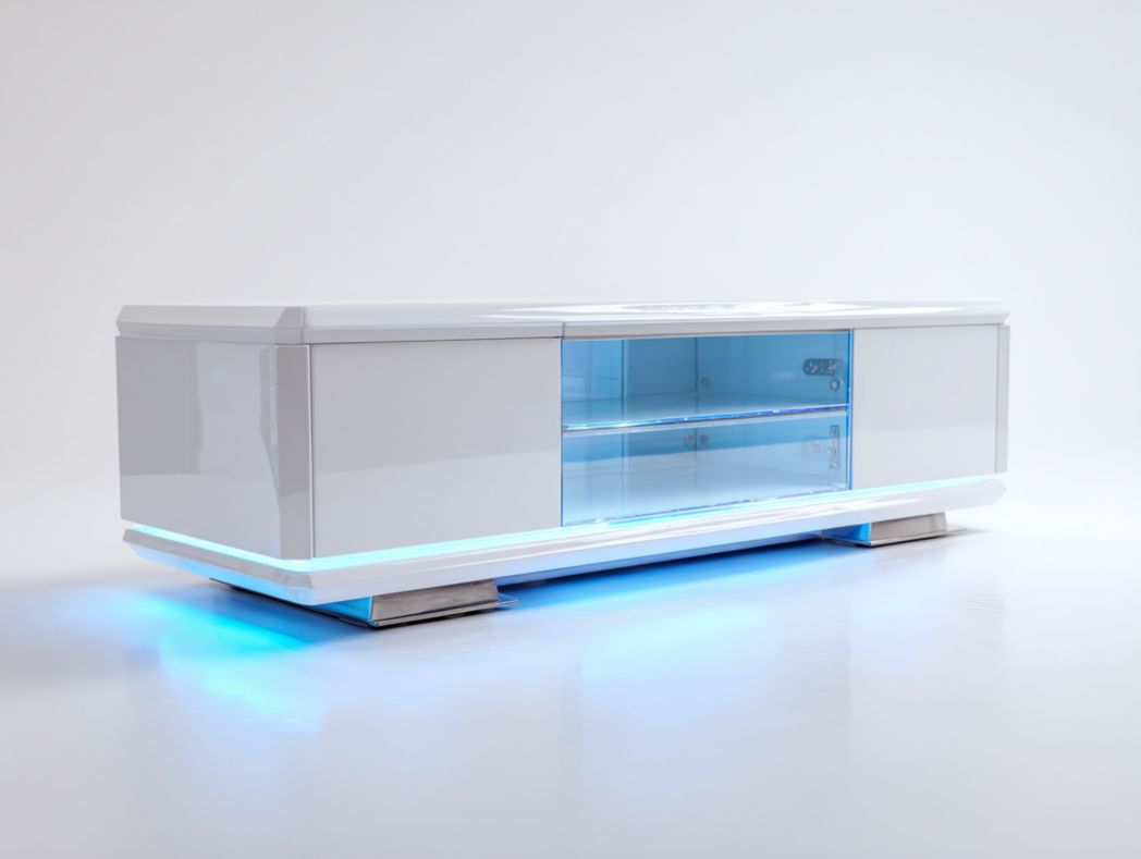 Meuble TV blanc avec portes et vitrine en verre bleu, éclairage LED