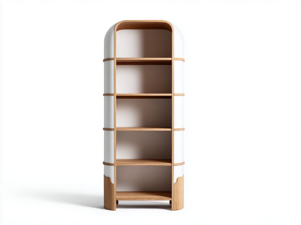 Bibliothèque bois avec cadre blanc arrondi cinq étagères ouvertes
