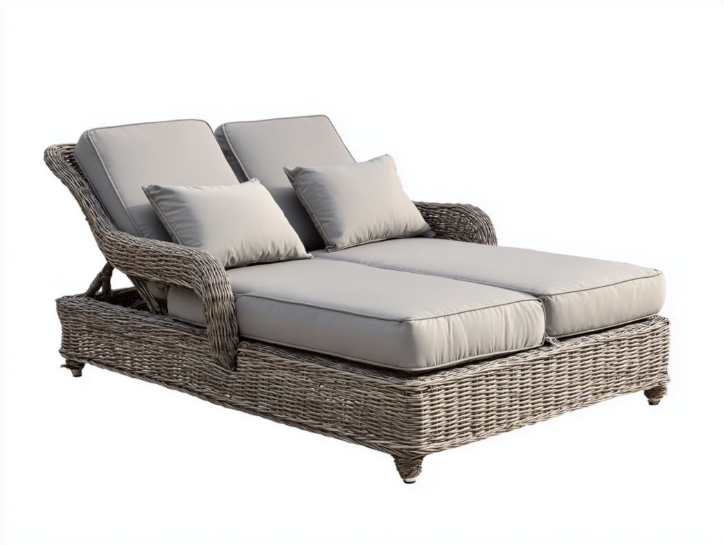 Chaise longue double en rotin tressé avec coussins gris clair et oreillers