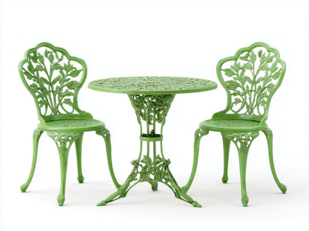 Ensemble de jardin en métal vert avec table ronde et deux chaises décoratives