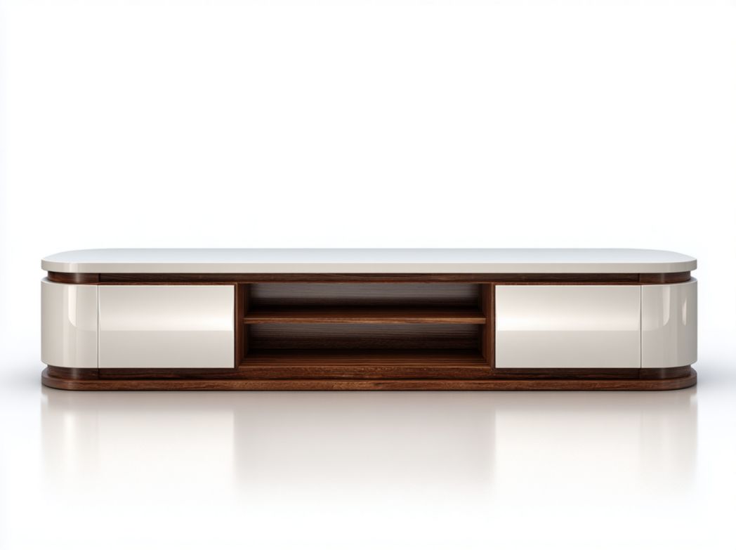 Meuble TV blanc et bois avec deux portes et compartiments ouverts