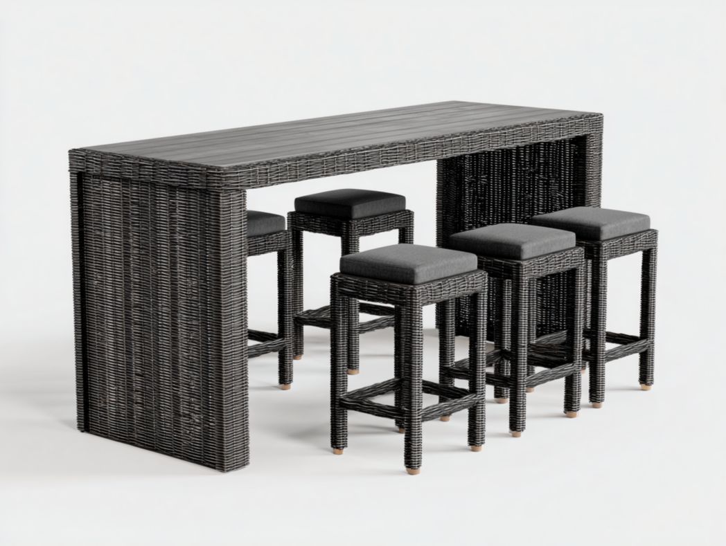 Ensemble de bar de jardin avec structure en rotin noir, 1 table rectangulaire et 5 tabourets hauts