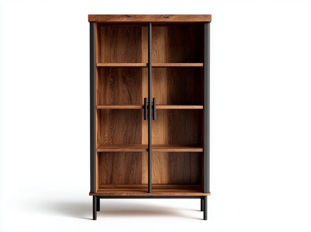 Vitrine en bois avec cadre métallique noir, quatre niveaux et portes doubles