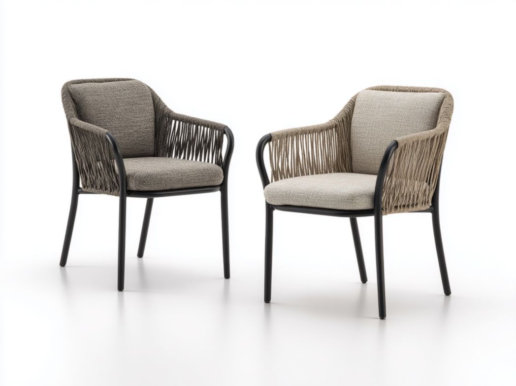 Lot de 2 fauteuils de jardin｜structure métal noir｜accoudoirs tressés｜coussins d’assise et dossier en tissu