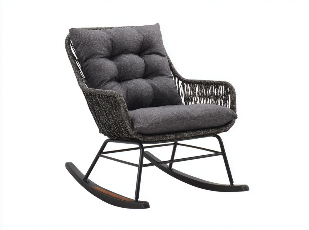 Fauteuil de jardin à bascule｜structure métal et tressage｜coussin et dossier gris foncé｜1 pièce