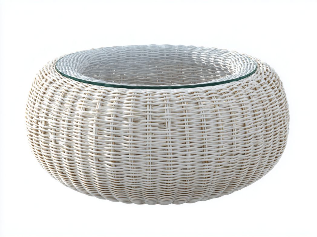 Table basse de jardin ronde en rotin blanc avec plateau en verre