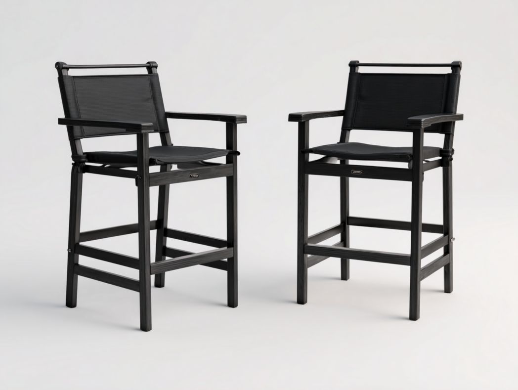 Lot de 2 chaises de bar de jardin noires – structure métal et assise en tissu