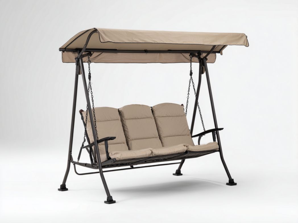 Balancelle 3 places en métal avec coussins beiges et auvent en tissu