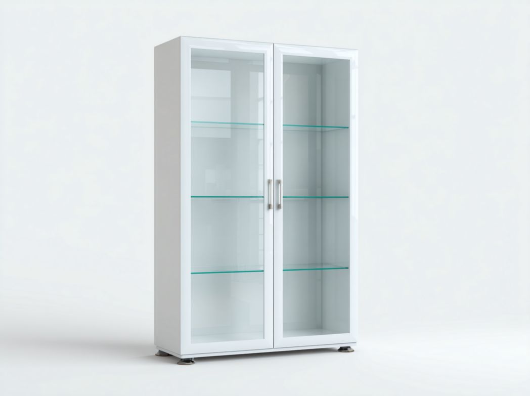 Bibliothèque blanche en bois avec portes vitrées et plusieurs étagères de rangement