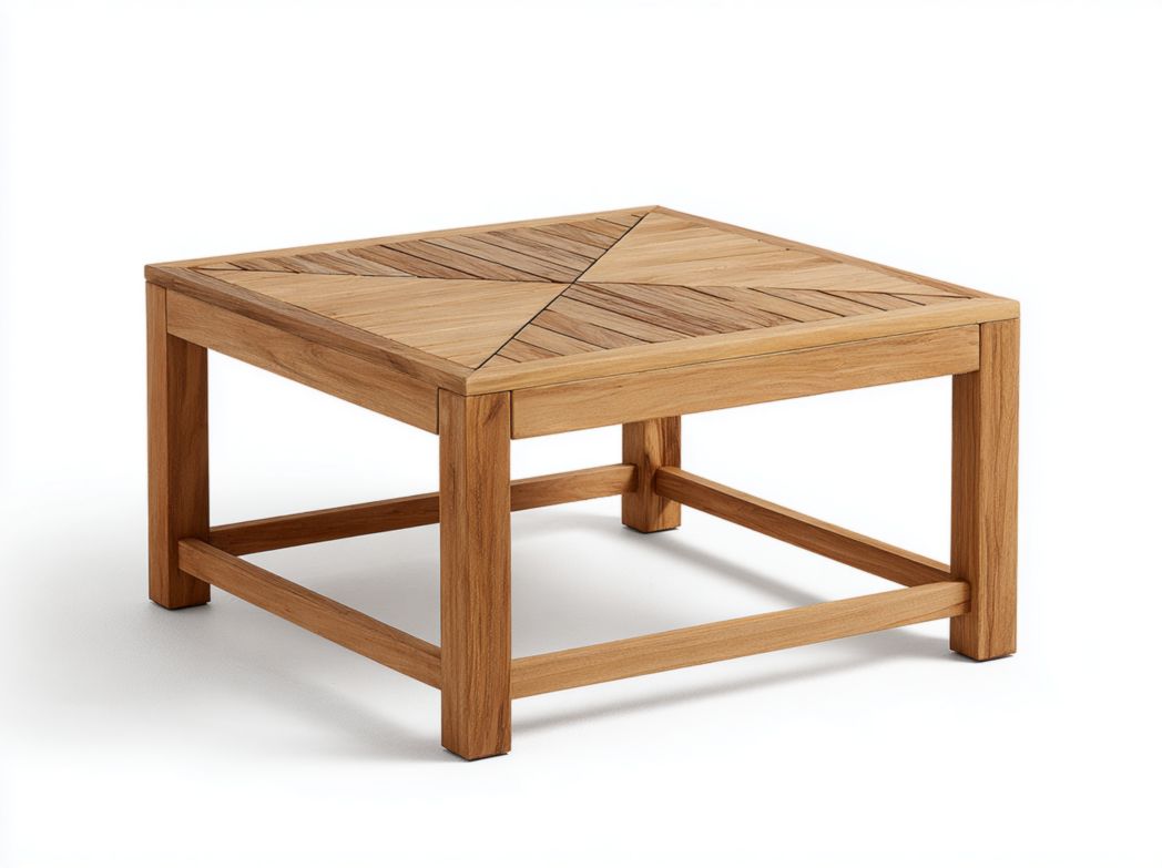Table basse de jardin carrée en bois clair avec plateau à motifs assemblés