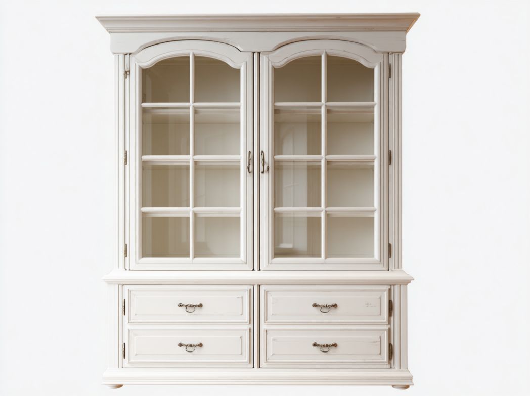 Vitrine en bois blanc avec portes vitrées, quatre tiroirs et plusieurs niveaux de rangement