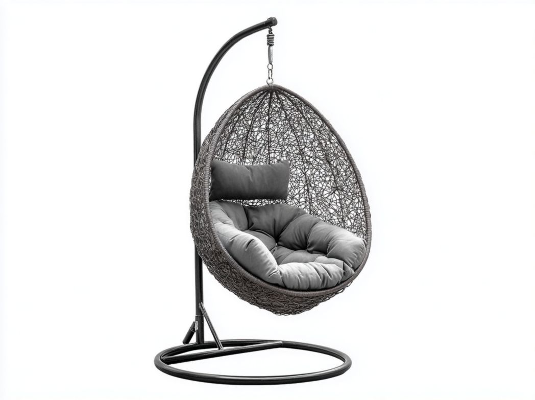 Fauteuil suspendu en métal noir avec siège en rotin ovale et coussins gris