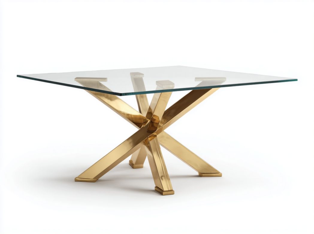Table basse carrée avec plateau en verre transparent et base croisée en métal doré