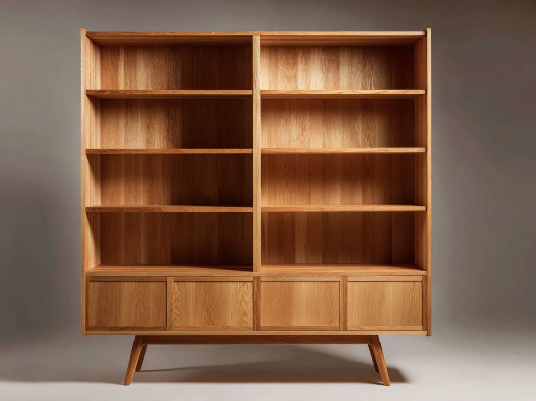 Bibliothèque en bois naturel à deux colonnes six étagères ouvertes avec armoire à quatre portes