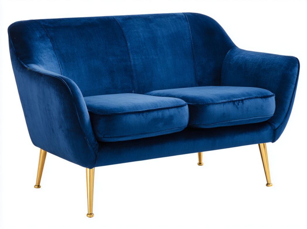Canapé 2 places en velours bleu avec accoudoirs courbés et pieds en métal doré