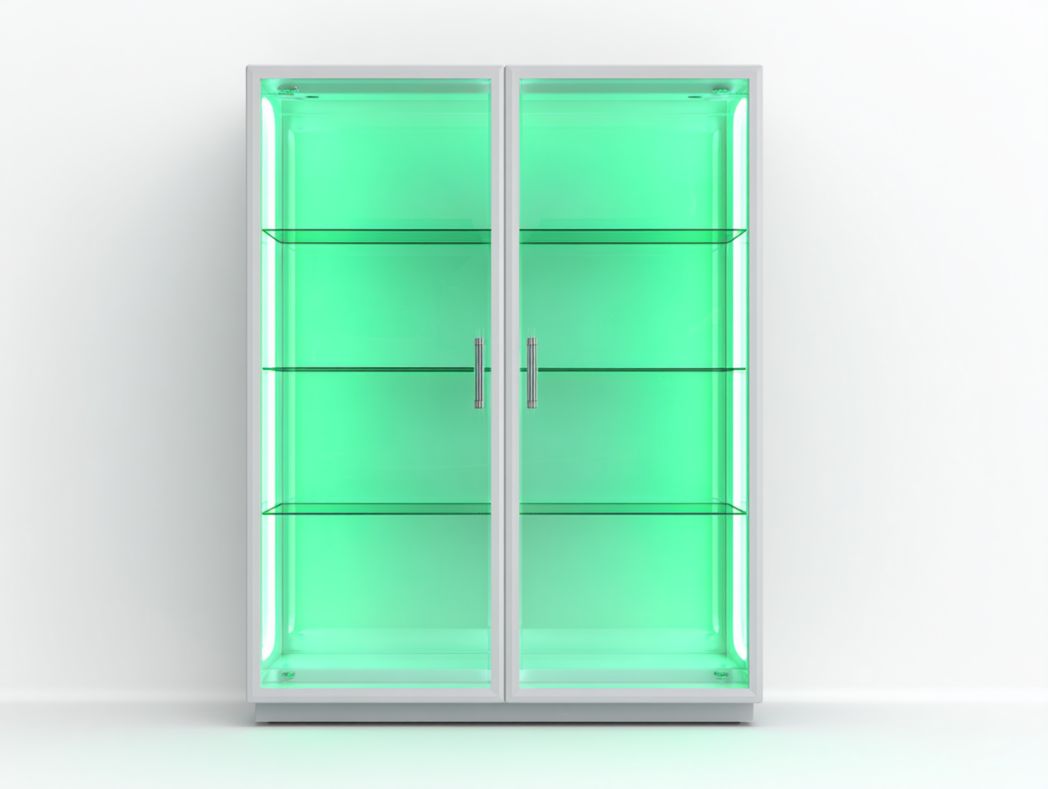 Vitrine blanche avec portes vitrées, étagères en verre et éclairage LED vert