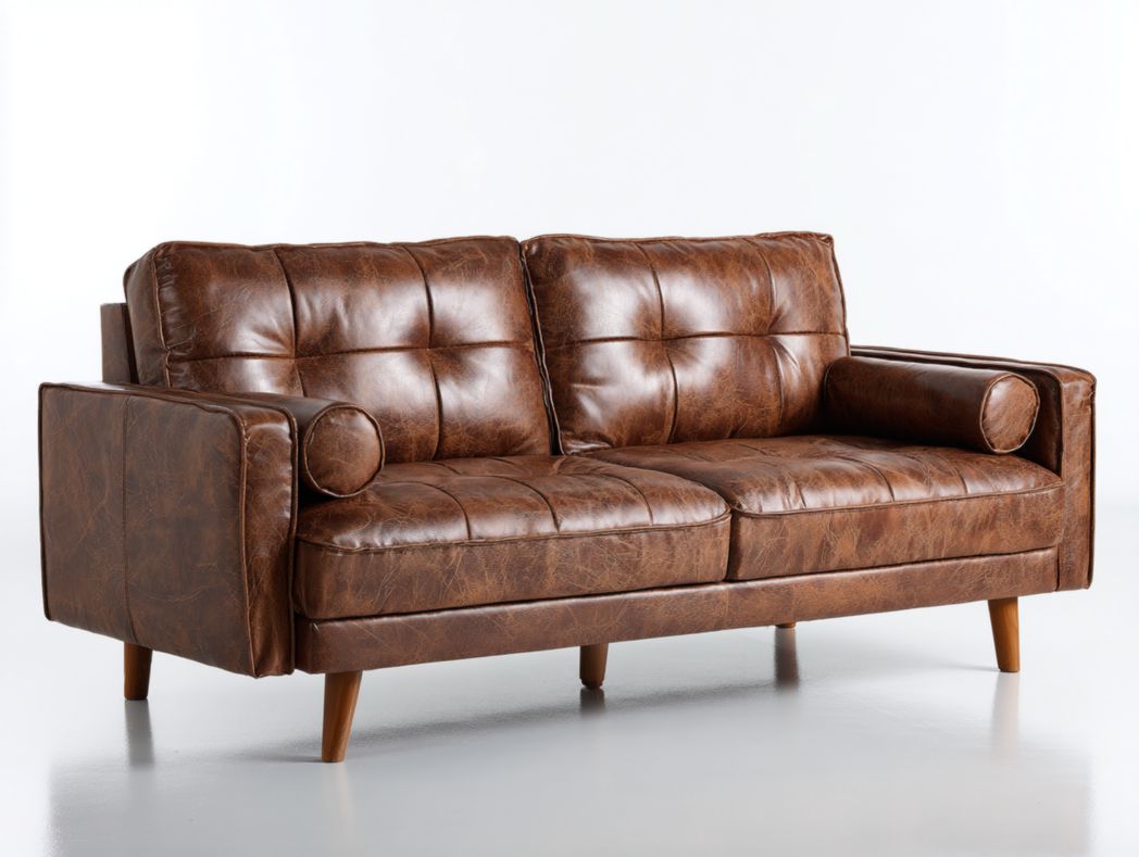 Canapé 2 places en simili cuir marron avec coussins cylindriques et pieds en bois