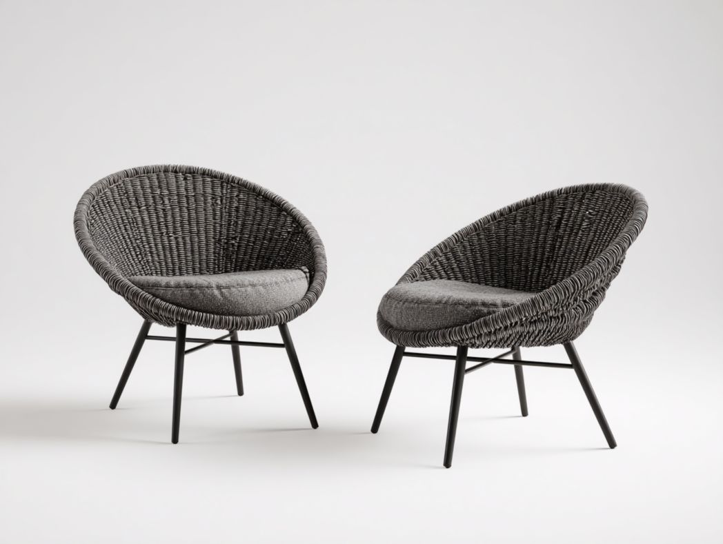 Ensemble de chaises de jardin rondes en rotin gris avec coussins