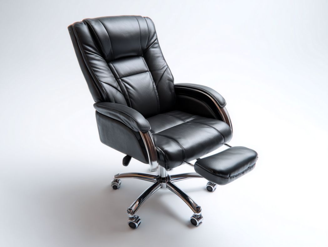 Fauteuil de bureau inclinable en cuir noir avec repose-pieds et base en métal chromé