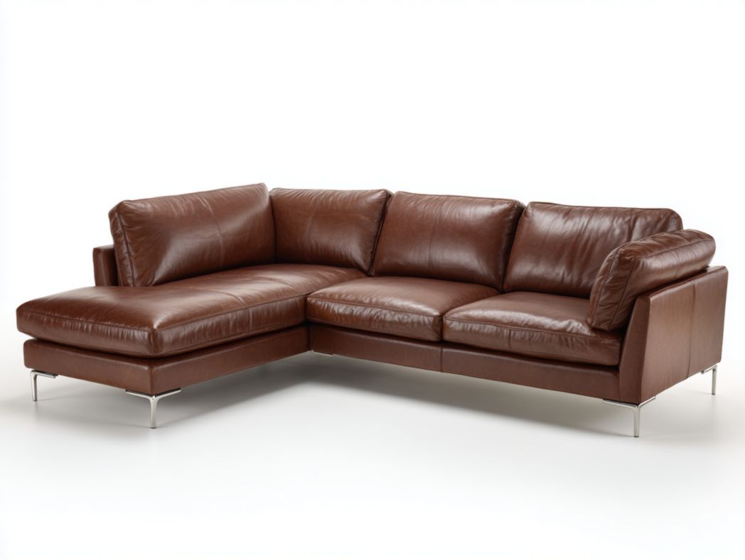 Canapé d'angle en similicuir marron avec coussins et pieds en métal