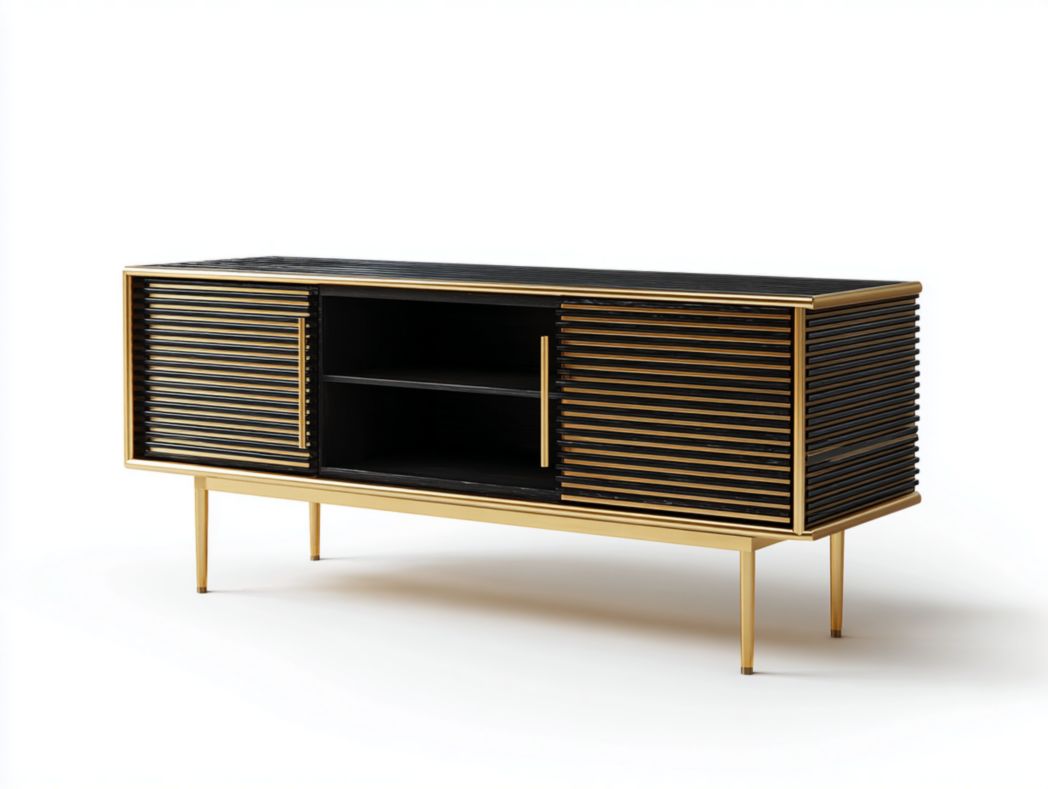 Meuble TV noir avec détails dorés et design linéaire