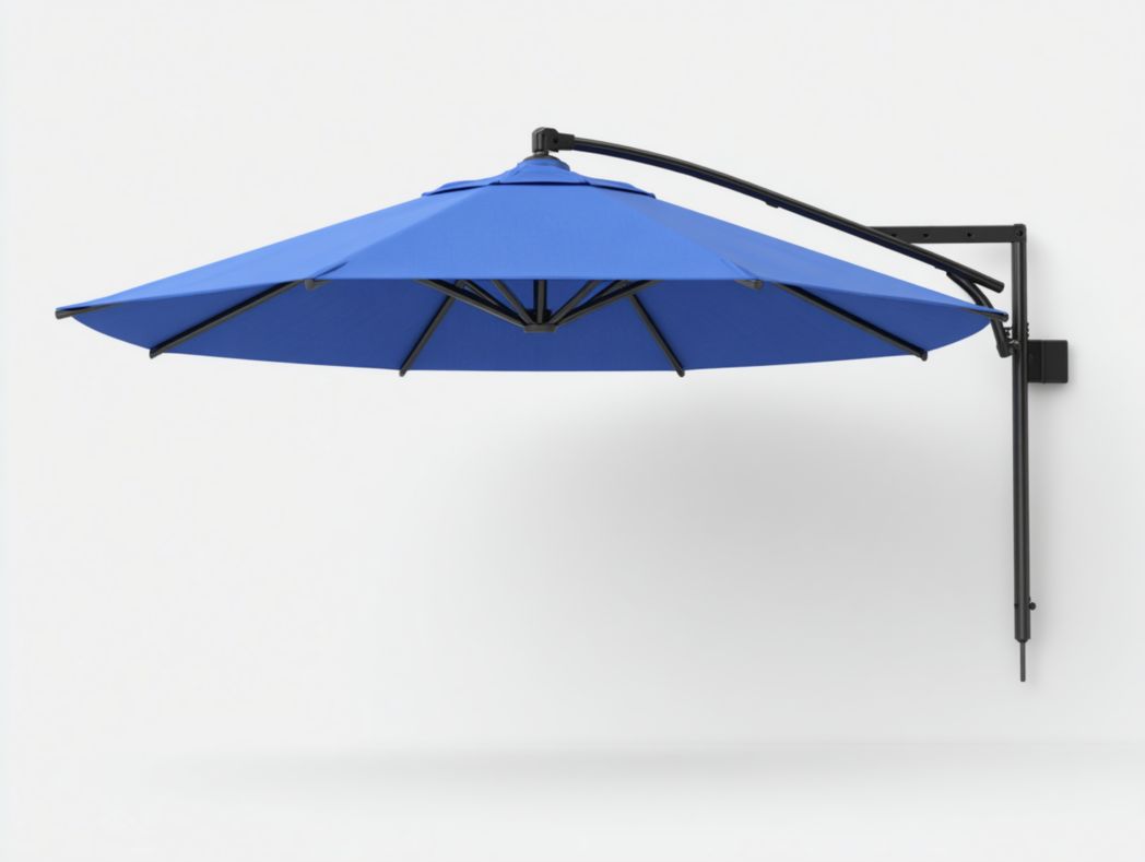 Parasol mural octogonal, toile polyester bleu royal, armature en acier noir thermolaqué